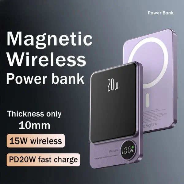 🔋 Magnetic Wireless Power Bank – 5000mAh / 10000mAh Ultra-Thin Portable Charger | 15W Wireless + 20W PD Fast Charging | Type-C Input/Output | Aluminum Alloy Shell - megalifehack.com